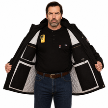 Load image into Gallery viewer, Men’s black FR insulated parka with removable liner and interior storage pockets
