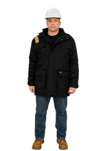 Load image into Gallery viewer, Men’s black CAT 3 flame resistant insulated parka front view

