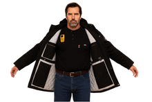 Load image into Gallery viewer, Black flame resistant insulated parka showing removable liner and interior construction
