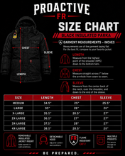 Load image into Gallery viewer, Proactive FR men’s insulated FR parka size chart with length, chest and sleeve measurements
